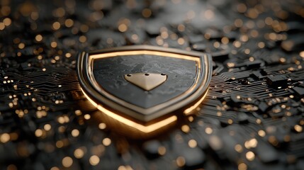 Glowing shield hovers above circuit board background, symbolizing abstract cybersecurity systems, data protection architecture, and evolving digital threat defense models.