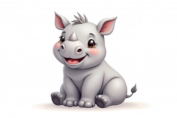 Naklejka premium Happy cartoon baby rhino smiling while sitting against a white background with copy space