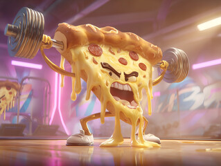 Funny Pizza Slice Lifting Weights – Cartoon Fitness Food Character Generative AI