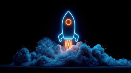 A stylized neon-blue rocket ship is depicted launching from a cloud of glowing blue smoke, against a dark background. The rocket is outlined in bright blue neon, with an orange circle detail at its no