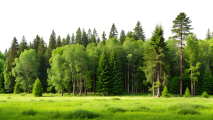 A dense forest of various green trees stands tall against a clean transparent background with a vibrant green meadow in the foreground