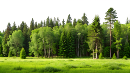 A dense forest of various green trees stands tall against a clean transparent background with a vibrant green meadow in the foreground
