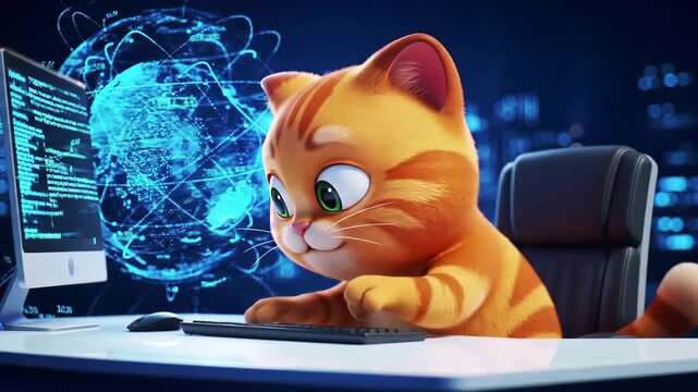 Cute animated orange cat typing on keyboard with futuristic digital world interface. concept of technology, ai interaction, animal character, modern digital age, programmer, artificial intelligence
