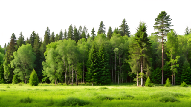 A dense forest of various green trees stands tall against a clean transparent background with a vibrant green meadow in the foreground - Powered by Adobe