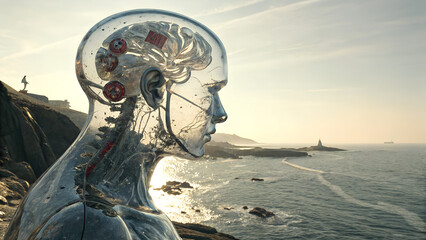 Transparent humanoid figure with visible internal components standing near the ocean coast line