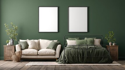 Two blank picture frames in a cozy bedroom setting.