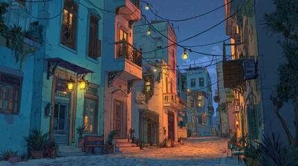 illustrated night street scene with warm lights and traditional architecture, cozy mediterranean old town atmosphere, old cairo ramadan down town vibes