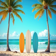 Surfboards in Sand with Palm Trees and Ocean Background