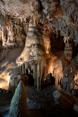 Stunning stalactite formations and illuminated cave structures in Málaga, Spain reveal natural...