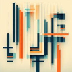 Obraz premium Abstract composition with an interplay of vertical and horizontal lines and rectangular shapes in orange, dark blue, and light blue, creating a layered and dynamic effect.