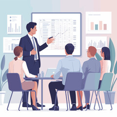 Business man presenting data and charts to colleagues in a modern office setting