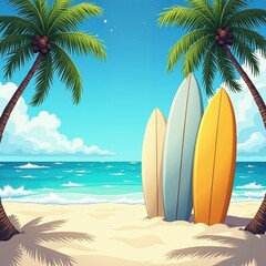 Surfboards in Sand with Palm Trees and Ocean Background