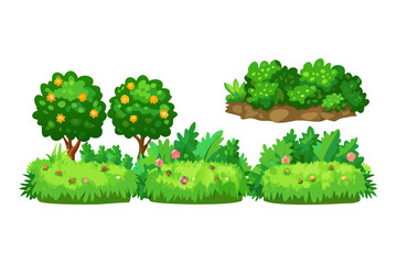Cartoon orchard trees and lush greenery with flowers