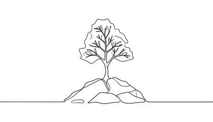 Lone Tree on Rocks with Line Art.