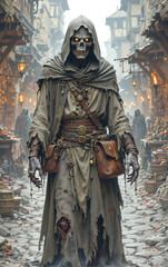 fantasy zombie merchant cursed undead trader haunting marketplace wealthy corpse mystical character seeking treasures riches once had in enchanted realm dark fantasy art spooky horror illustration mac