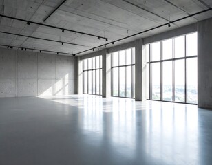 Fototapeta premium Empty modern concrete office space with large windows