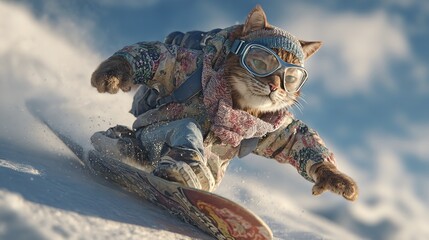 A cool cat shredding powder with style on a snowboard down a snowy on transparent background