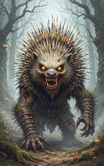 Fantasy zombie porcupine undead creature fierce mythical monster with sharp quills menacing forest guardian ready to attack intruders chilling spooky character design for digital art fantasy illustrat