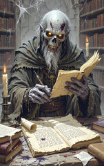 fantasy zombie scribe undead monster scholar ancient forbidden texts decayed fingers mystical darkness eerie horror creature mystical writing sorcerer legend gothic tale fantasy art dark fantasy chara