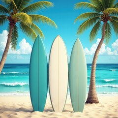 Surfboards in Sand with Palm Trees and Ocean Background