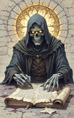 zombie scribe fantasy monster undead creature dark sorcerer scholarly horror ancient texts cursed scholar evoking fear magical horror mythical being eerie character grotesque art fantasy world spooky 