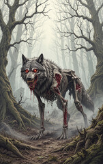 Fantasy Zombie Wolf Majestic Decaying Beast Wild Forest Hunter Pack Insatiable Hunger for Living Creatures Nightmarish Monster Mythical Zombie Predator Scary Horror Art Haunting Wildlife Adventure
