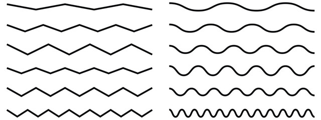 Wave line set. Vector water waves. Set of wavy zigzag lines. wavy zigzag pattern line illustration set on a white background, abstract vectors.  wavy and zigzag horizontal underline. 
 