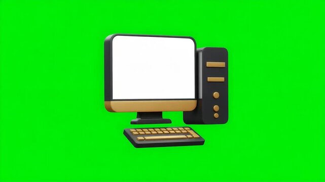Stylized 3D Desktop Computer Setup Isolated on Green Screen Background for Easy Compositing