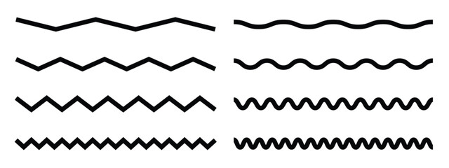 Wave line set. Vector water waves. Set of wavy zigzag lines. wavy zigzag pattern line illustration set on a white background, abstract vectors.  wavy and zigzag horizontal underline. 
 