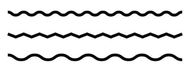 Wave line and wavy zigzag pattern lines. Vector black underlines, smooth end squiggly horizontal curvy squiggles on white background.