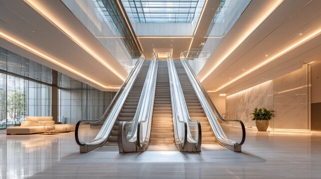 Modern building escalators interior - Powered by Adobe