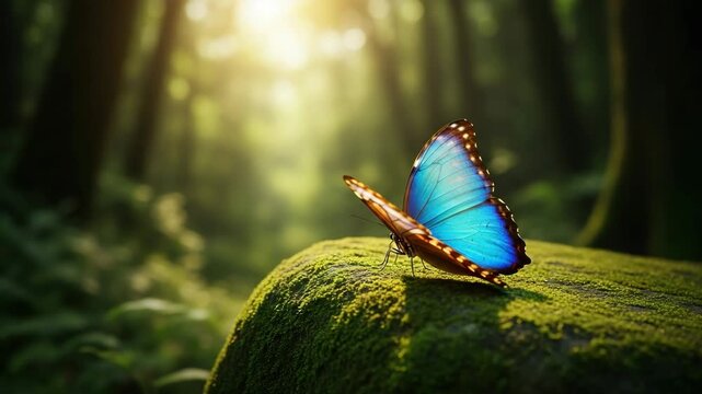 Beautiful blue butterfly resting on mossy rock in sunlit forest nature wildlife scene image
