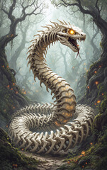 fantasy monster bone snake massive skeletal serpent mythical creature serpent of legend eerie enchanted wilderness slithering beast haunting presence sinister aesthetic fantasy art unique illustration