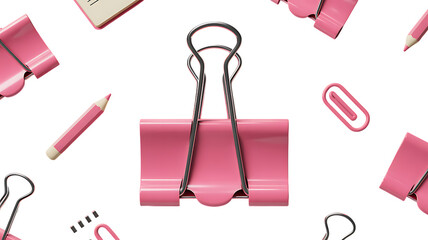 Photo of a pink stationery arrangement with pencils and binder clips isolated on transparent background