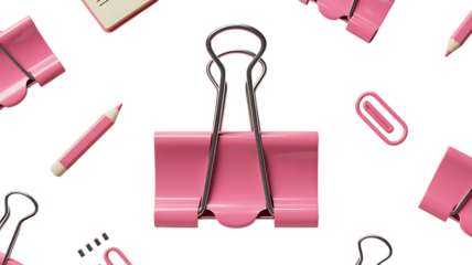 Photo of a pink stationery arrangement with pencils and binder clips isolated on transparent background