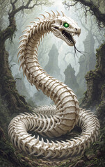 fantasy hero bone snake massive skeletal serpent mythical creature fantasy monster slithering through undergrowth rattling bones announcing approach captivating eerie enchanting illustration