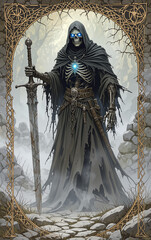 fantasy hero monstrous cairn wight wight guardian burial mound ancient protector of the dead sinister malevolent mystical creature eerie shadowy figure supernatural being dark fantasy art illustration