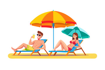 Couple relaxing on beach chairs under umbrellas