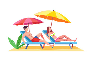 Couple relaxing on beach chairs under umbrellas