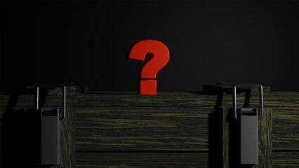 Closed green army box with metal locks and red question mark on the box on black background,...