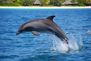 Fototapeta premium Dolphin's Aquatic Leap: A magnificent dolphin soars through the air, leaping from the tranquil blue ocean, creating a splash, showcasing the agility and beauty of marine life.