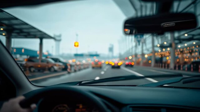 View from inside a car approaching the airport drop-off zone, with illuminated signs, lights, and traffic guiding the way to the terminal.