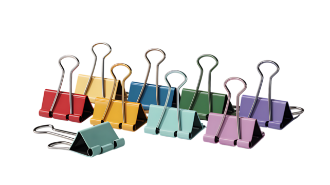 Photo of a neat row of various colorful binder clips isolated on transparent background