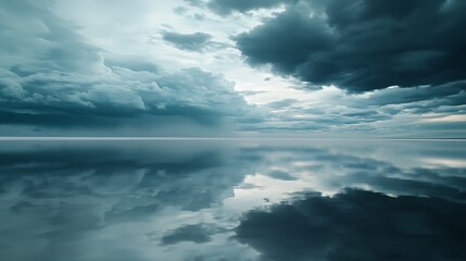 Infinite horizon of salt flat mirroring stormy skies with dramatic dark clouds 