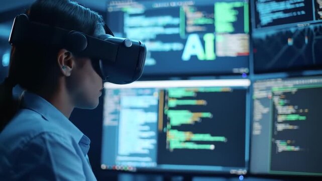 Young woman using virtual reality headset surrounded by digital codes concept of advanced technology programming immersive experience modern innovation, programmer, artificial intelligence
