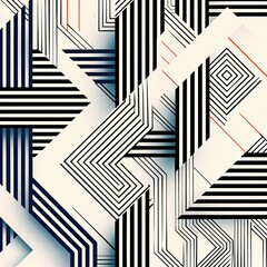 Intricate abstract pattern of black and white striped geometric shapes and lines, with sparse orange linear accents, creating a dynamic visual.
