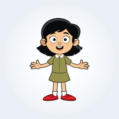 a character illustration of a girl with open arms and wearing a green shirt
