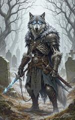 fantasy hero undead wolf creature frosty fur haunting forest ancient graves treasure guardian mythical monster eerie beast dark fantasy magical creature enchanted woods mythical guardian supernatural 