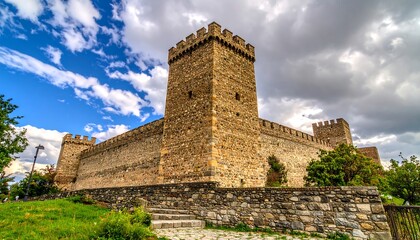 Ancient stone fortress under dramatic sky
