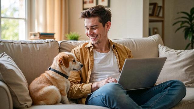 A man and his dog relax together while working on a laptop in a living room - Powered by Adobe